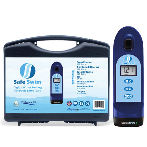 Safe Swim® Meter - Digital Testing for Pools & Hot Tubs - Free Chlorine, Combined Chlorine, Total Chlorine, Bromine, Copper, pH, & Total Alkalinity. (Safe Swim Digital Meter)