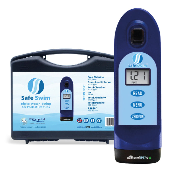Safe Swim® Meter - Digital Testing for Pools & Hot Tubs - Free Chlorine, Combined Chlorine, Total Chlorine, Bromine, Copper, pH, & Total Alkalinity. (Safe Swim Digital Meter)